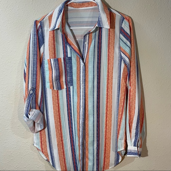 Striped Tribal Aztec Multicolor Button Shirt Blouse - Picture 7 of 8